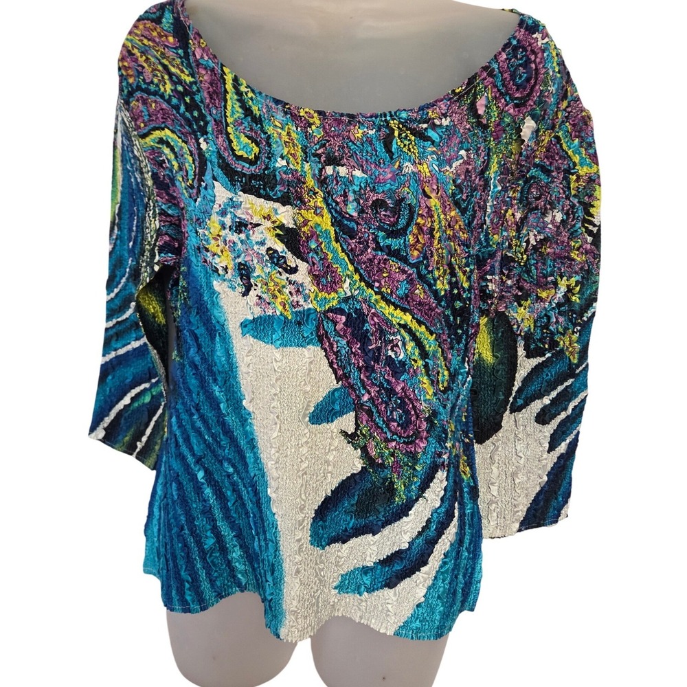 Y2K‎ 90s CRUSH Crinkle Knit Abstract Print 3/4 Sleeve Top Women's Multicolored